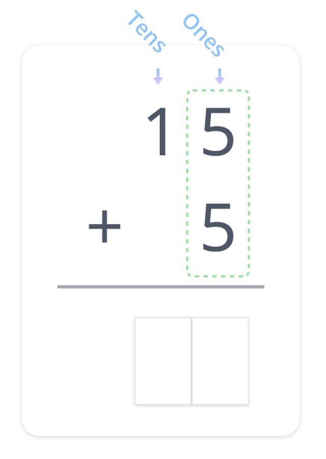 15 + 5 in column form.