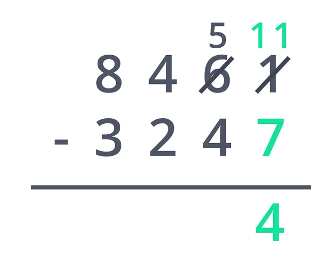 Ones column subtraction after regrouping.