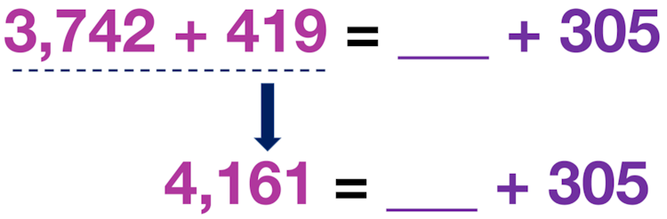 3,472 + 419 = _____ + 305