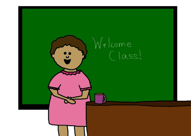 A teacher standing in front of the chalkboard.