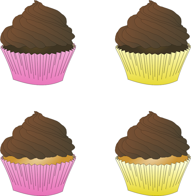 Four cupcakes with chocolate frosting.