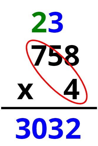 758 x 4 = 3032