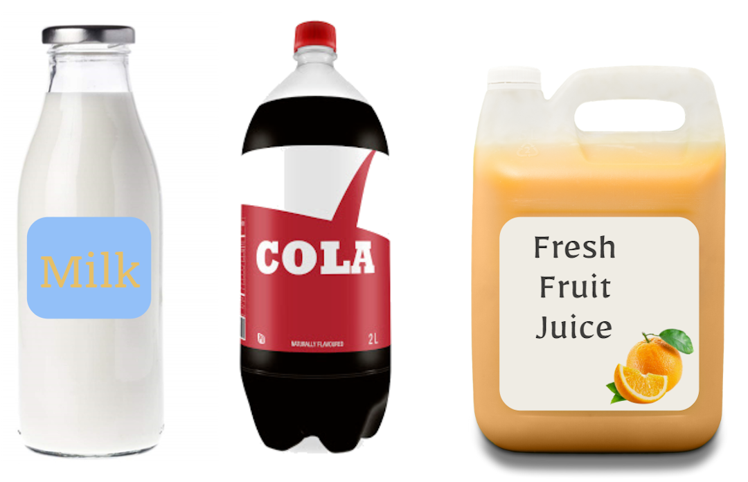 milk, soda, fruit juice